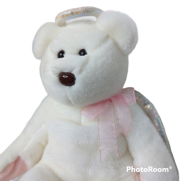 Halo Angel Bear Ty Beanie Buddies White Plush Brown Nose Iridesent Wings Clean - Picture 4 of 12